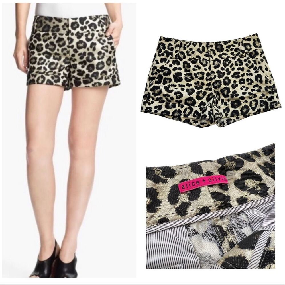 Alice + Olivia Women's Black Gold Leopard Print Cuffed Cady Shorts Size Small